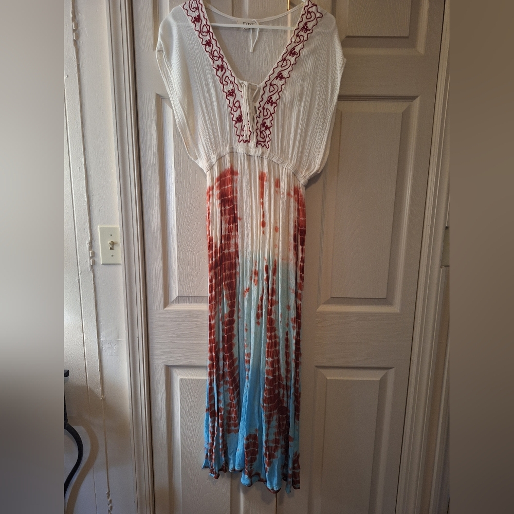 Red and Blue Ruffled Embellished Maxi Sundress